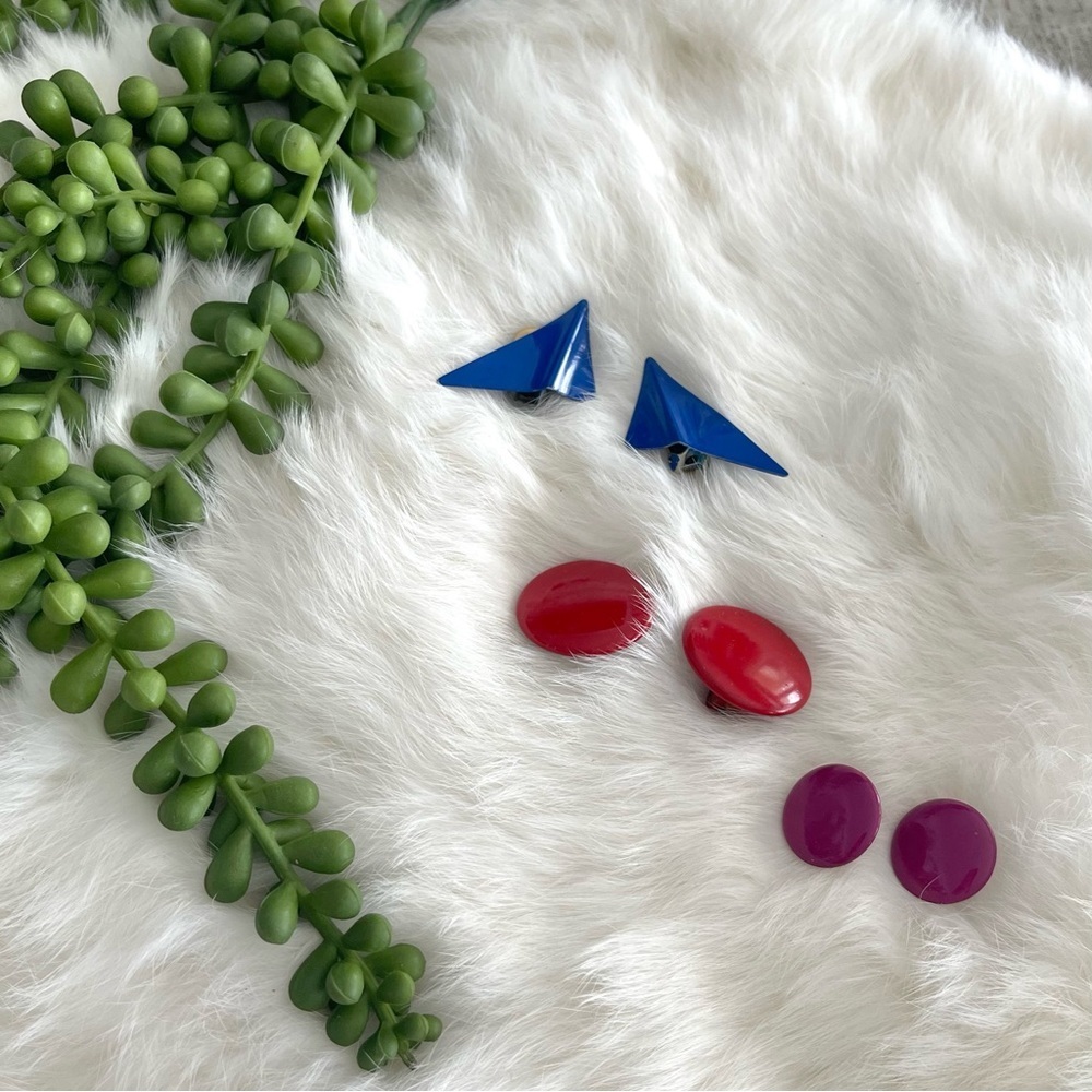 Vintage Bundle of Clip On Earrings Set of Three Blue Red Purple